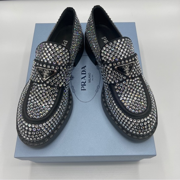 NIB PRADA  Crystal Logo Flat Loafers Size 37.5 - Picture 6 of 12